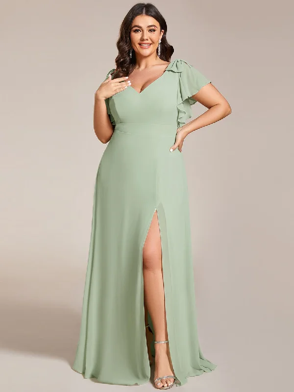 Mid - Season Sale Plus Split Ruffles Sleeves with Bowknot V-neck Chiffon Bridesmaid Dress