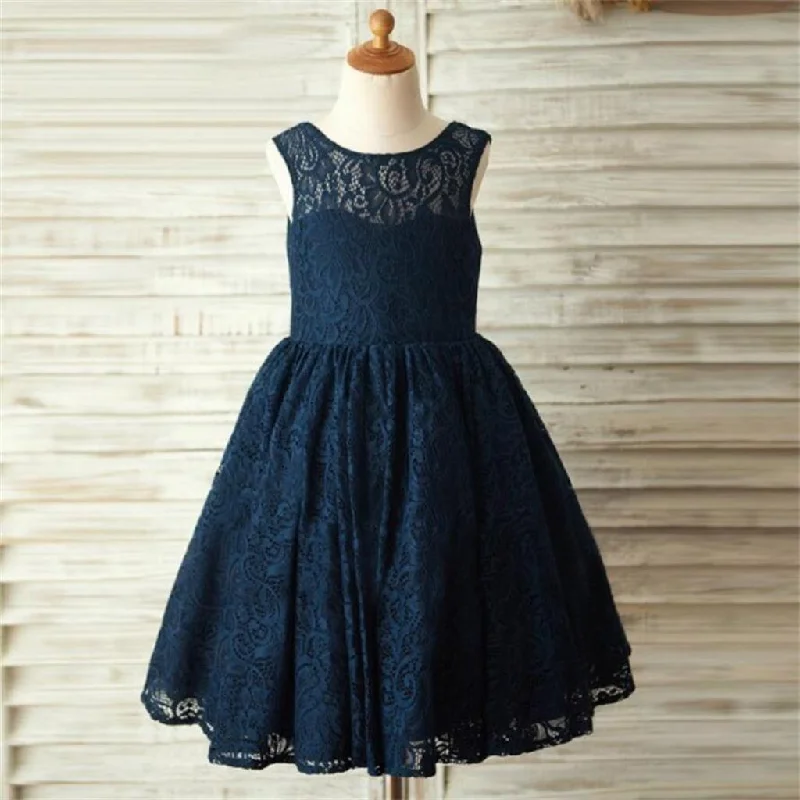 Spring Fashion Navy Blue Lace Lovely Cute Flower Girl Dresses with bow , Junior Bridesmaid Dresses, FG084