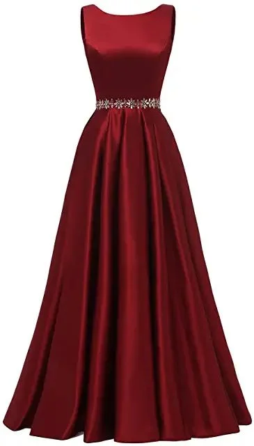 Father'S Day Deals Women Long Prom Dress Satin A-Line with Beaded Belt Formal Evening Gown Y5483