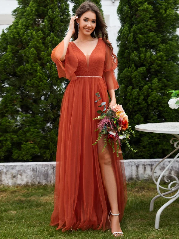 Seasonal Fashion Romantic Long Lantern Sleeves Split Tulle Bridesmaid Dresses with Chain Empire Waist