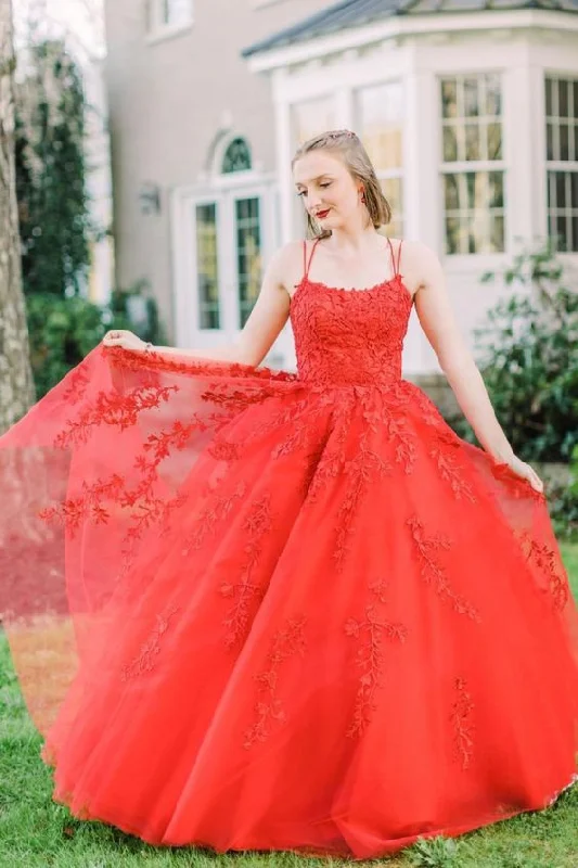 Score Big On Glamorous Red - Carpet Styles red lace appliques A-line long prom dress ball gown          cg23126