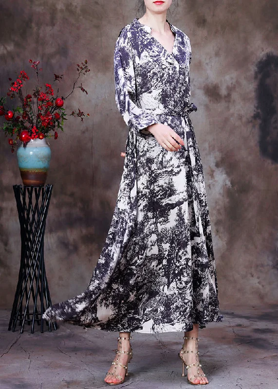 Feminine Soft - Hued Styles Elegant White V Neck Asymmetrical Design Tie Dye Silk Dress Long Sleeve