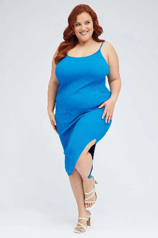 Budget-Friendly Fashion Blue Midi Knit Bodycon Dress Scoop Neck Sleeveless