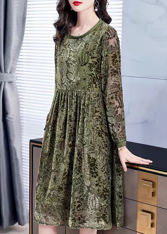 Unbeatable Prices Jacquard Army Green O-Neck Lace Up Silk Velour Dress Long Sleeve