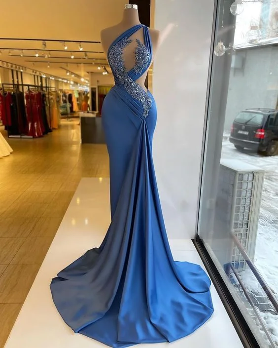 Update With Cottagecore Styles Blue Prom Dresses,One Shoulder Prom Dresses, Sexy Prom Dresses, Satin Prom Dresses,Evening Gowns Y4353