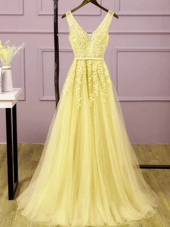 Feminine Soft - Hued Styles Beautiful Light Yellow Tulle Long Party Dress, A-line Prom Dress Evening Gowns    cg13880