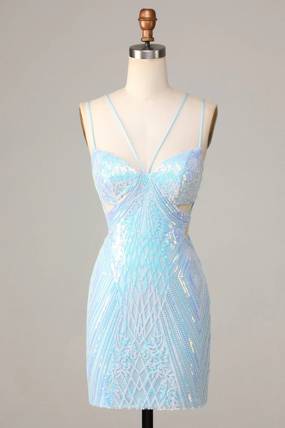 Beat The Heat In Tropical Styles Amzcw Stunning Blue Bodycon Cut-Out Sequins Short Homecoming Dress