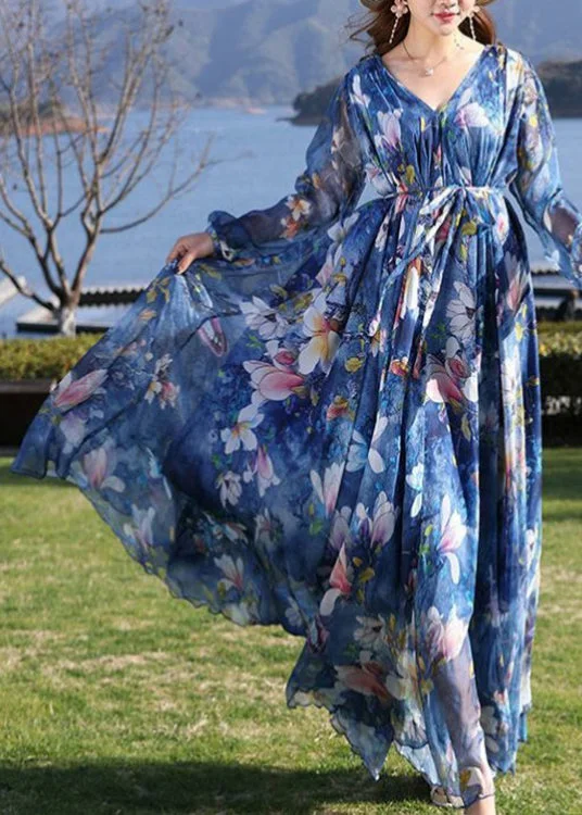 Big Savings On Rustic Countryside Styles Casual Blue V Neck Print Tie Waist Chiffon Long Dress Long Sleeve