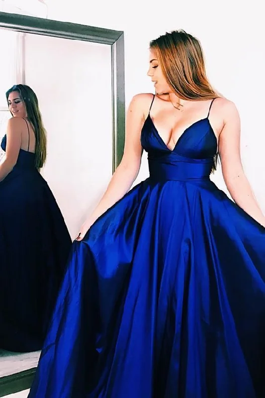 Boho - Chic Festival - Ready Style modest royal blue long prom dresses, spaghetti straps prom gowns,   cg16029