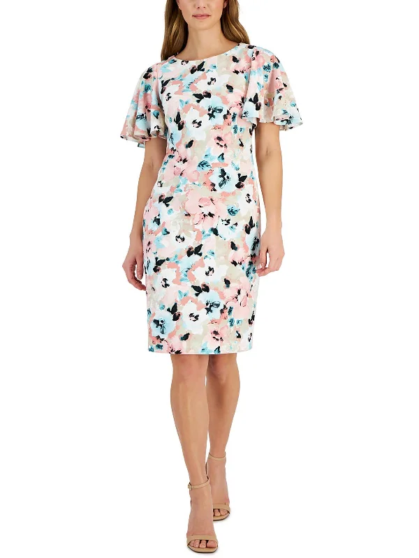 Wardrobe Upgrade Womens Floral Print Flutter Sleeve Sheath Dress