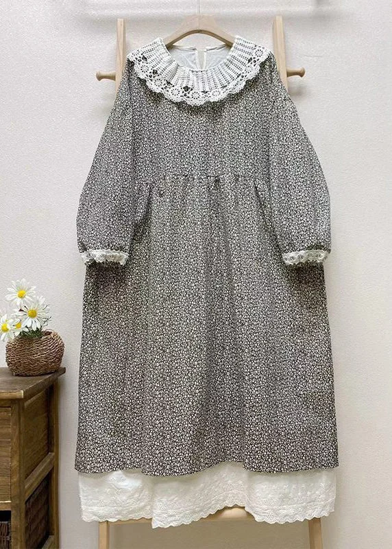 Special Occasion Wear Loose Dark Gray Hollow Out Print Cotton Long Dresses Long Sleeve