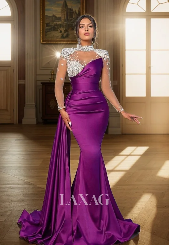 Wardrobe Upgrade 21904 - Illusion Neckline Beads Long Sleeves Mermaid Long Formal Prom Dress