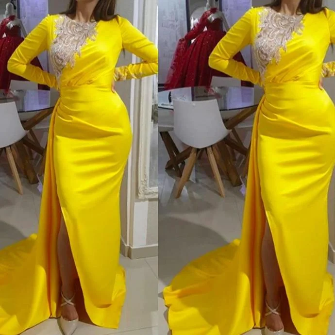 Y2K Nostalgic Fashion Look yellow prom dresses 2021 crew neckline lace appliques long sleeve mermaid side slit long evening dresses gowns   cg13398