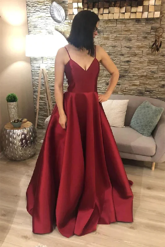 Spring Fling Sale V Neck Open Back Burgundy Satin Long Prom Dress, V Neck Burgundy Formal Graduation Evening Dress Y210