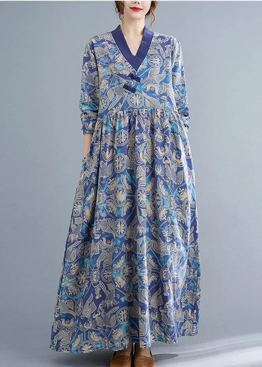 Limited - Time Bundle Ethnic Style Blue Wrinkled V Neck Exra Large Hem Cotton Long Dresses Long Sleeve