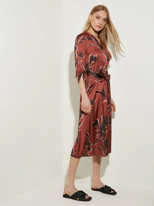 Winter Warm - Up Sale Floral Belted Crepe de Chine Dress