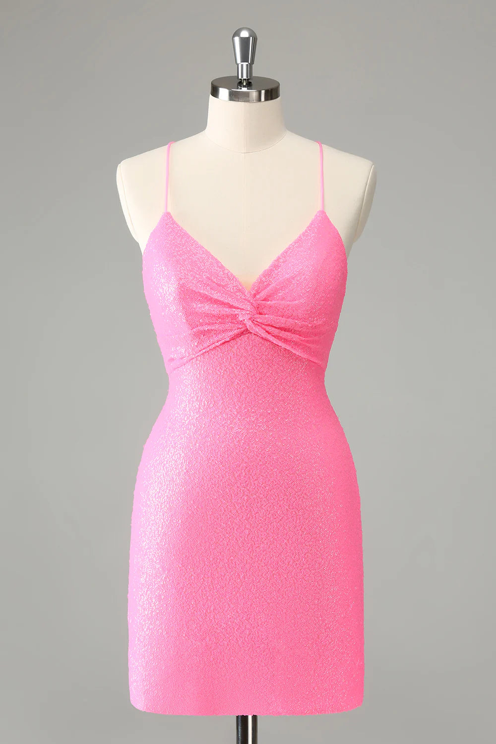 Final Clearance Amzcw Pink Bodycon Spaghetti Straps Sequins Short Homecoming Dress with Lace-up Back