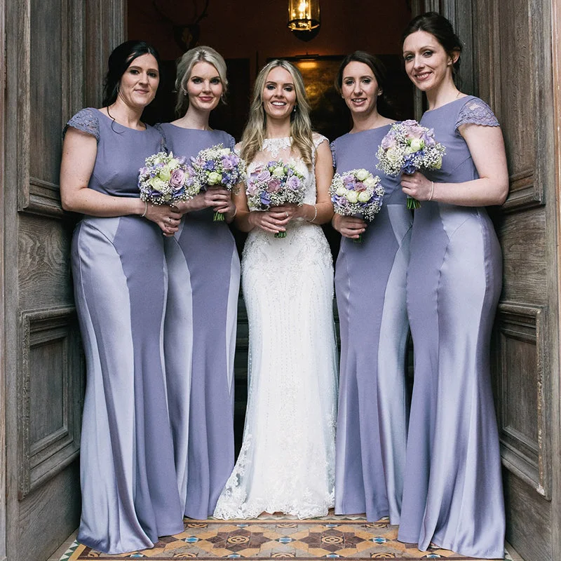 Clearance Event Dusty Blue And Gray Short Sleeves Soft Mermaid Round Neck Long Bridesmaid Dresses, BD3275