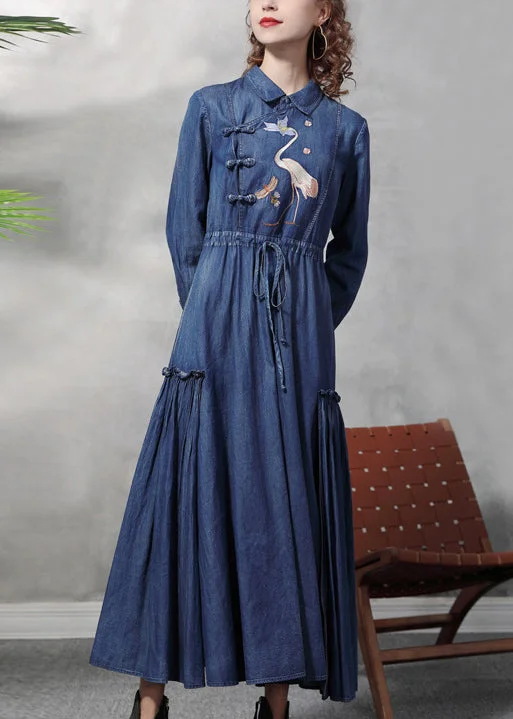 Limited Quantities Plus Size Denim Blue Peter Pan Collar Embroideried Ruffled Drawstring Cotton Oriental Dresses Long Sleeve