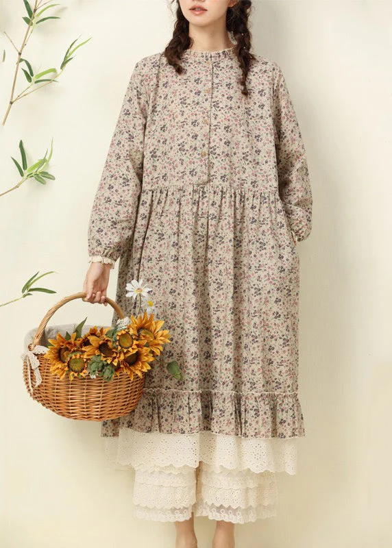 Chic Outfits Apricot Pockets Patchwork Cotton Dress O Neck Long Sleeve