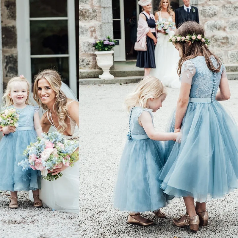 Exclusive Sale Blue Lace Top Tulle Flower Girl Dresses, Popular Cheap Junior Bridesmaid Dresses, FG045