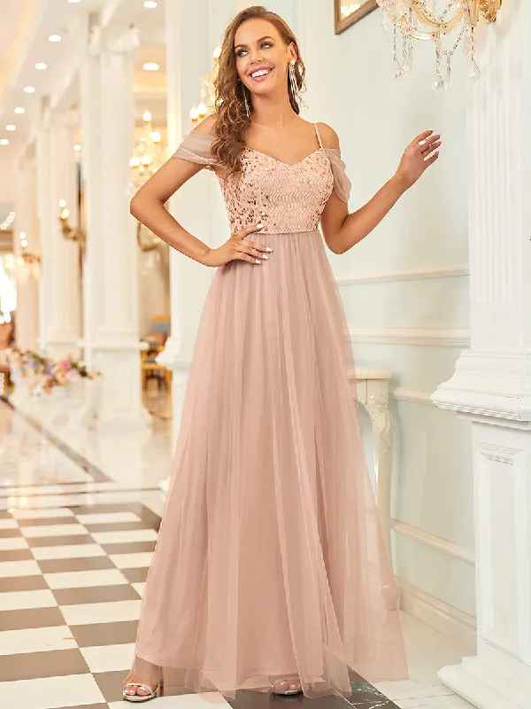 Pastel Styles A-Line Sweetheart Neckline Ruffle Sleeve Tulle Wholesale Bridesmaid Dress