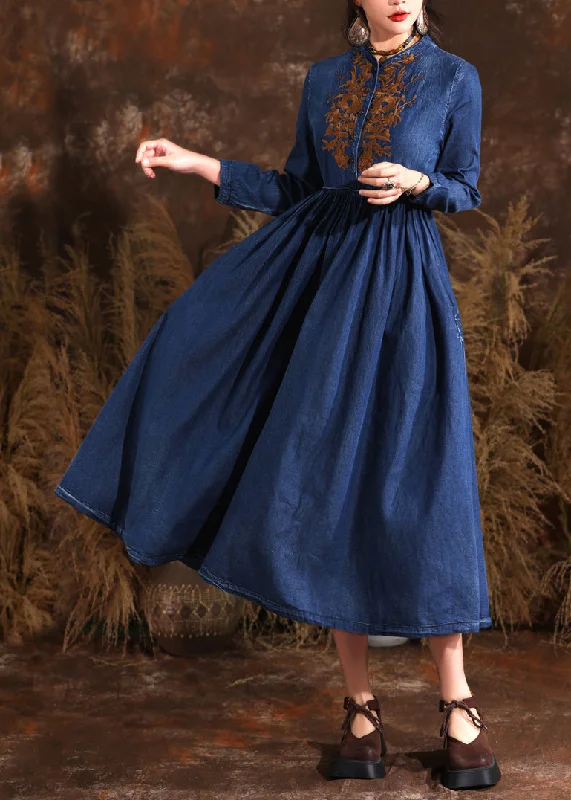 Fashion-Forward Retro Navy Stand Collar Wrinkled Patchwork Denim Long Dress Long Sleeve