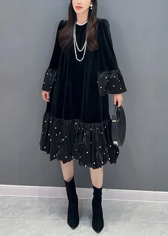 Wardrobe Update Black Zircon Patchwork Silk Velvet Dress O Neck Long Sleeve