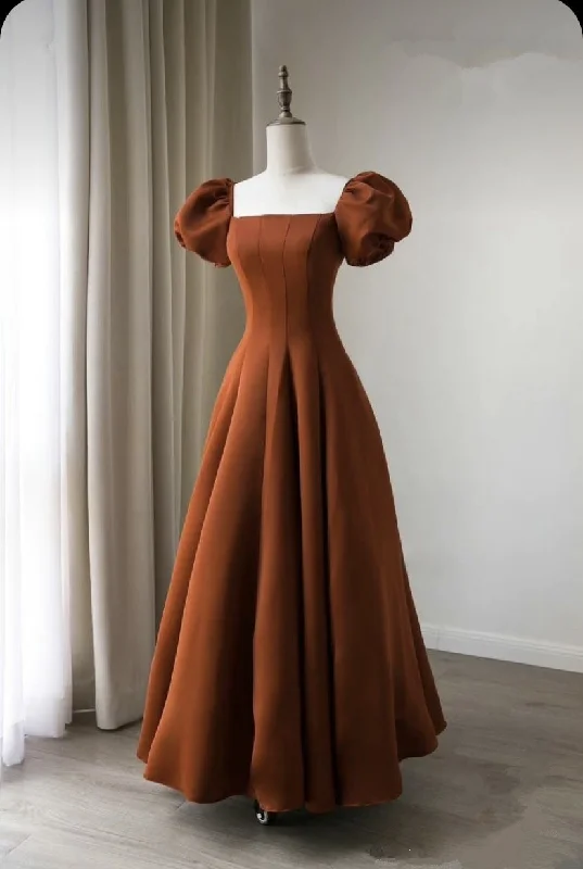 Budget-Friendly Fashion Coffee satin prom dress long Short puffy sleeve ball gown Square neck Fairy formal dress  Y4962