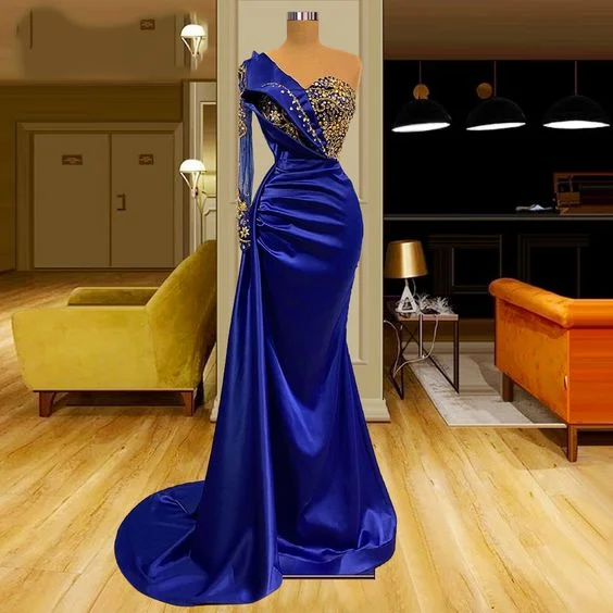 Weekend Special Royal blue prom dresses, beaded prom dresses, long sleeve prom dresses, mermaid prom dresses, satin evening dresses Y1603