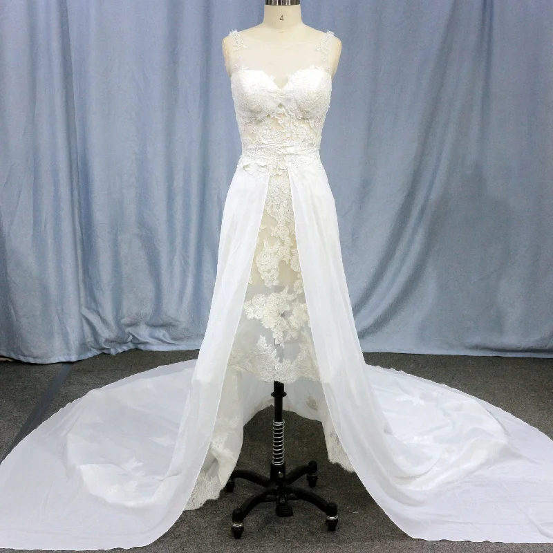 Latest Fashion Mermaid Floral Lace High Low Wedding Dress with Tank Sleeves