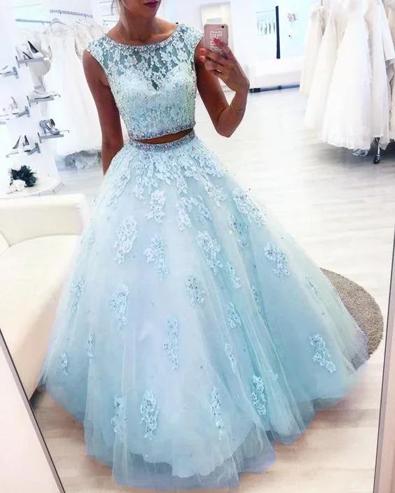 Tropical Island - Inspired Attire New Arrival Blue Two Pieces Tulle Beaded Ball Gown Prom Dresses      cg22724