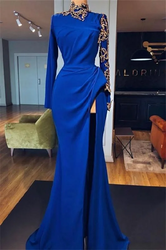 Budget-Friendly Fashion Royal Blue High Neck Side Slit Mermaid Prom Dresses， Elegant Long Sleeves Appliques Evening Gowns  cg5972