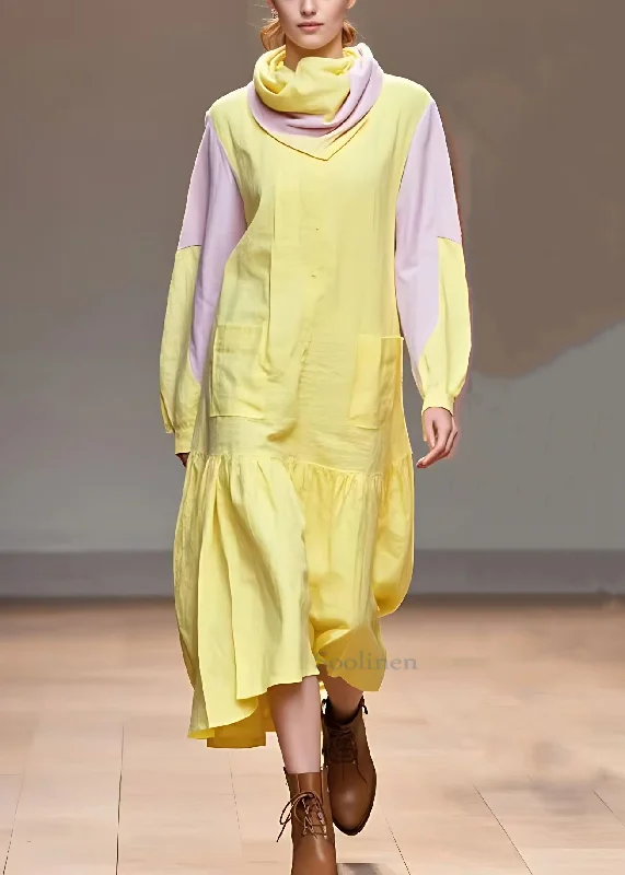 Now On Sale For Chic Urban Styles Original Yellow Turtleneck Pockets Cotton Dresses Long Sleeve