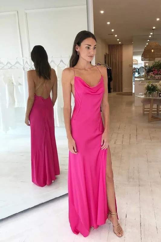 Exclusive Discount Simple Hot Pink Criss Cross Long Evening Dresses Silk Satin Prom Dress With Slit Y63