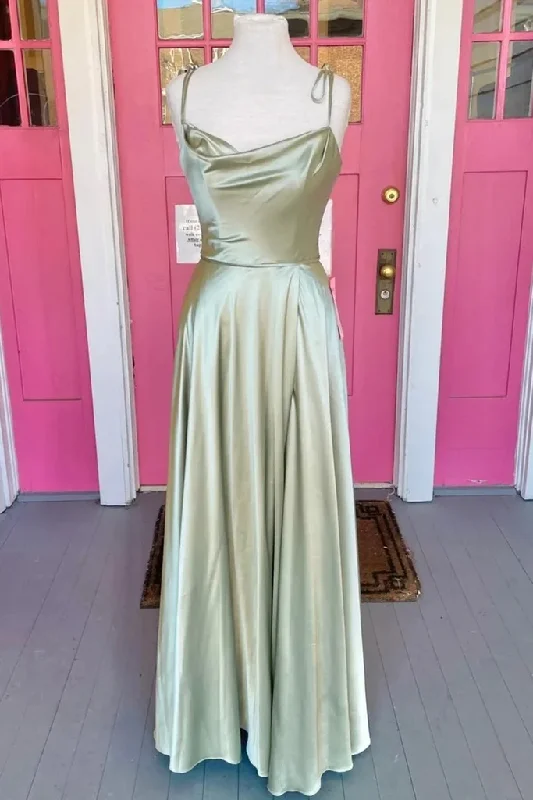 Lighten Up With Nordic Styles Open Back Sage Satin Long Prom Dress with High Slit, Long Sage Formal Graduation Evening Dress Y207