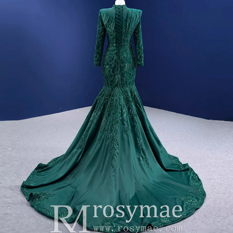 Limited Styles Mermaid Satin Long Sleeve Arab Prom Dress Detachable Train