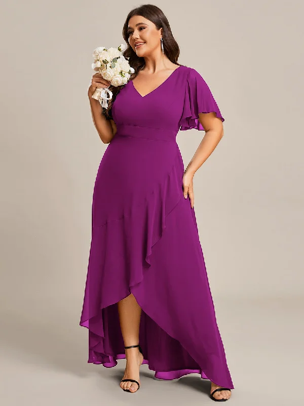 Fashion For Every Occasion Plus V Neck High Low Ruffles Chiffon Wholesale Bridesmaid Dresses