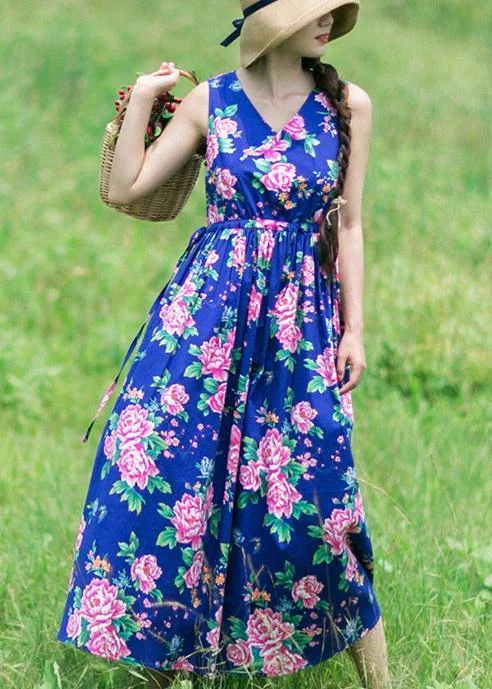 Seasonal Sale DIY Summer Sleeveless Clothes Work Blue Print Dresses