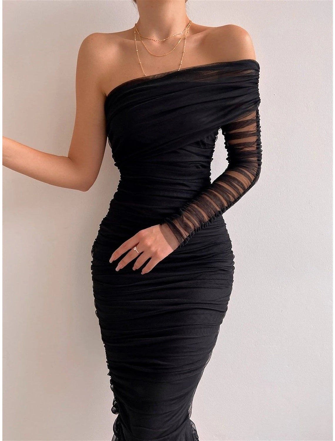 Cool Prices Women‘s Black Dress Cocktail Dress Party Dress Wedding Guest Dress Bodycon Midi Dress Red Long Sleeve Ruched Spring Fall Winter One Shoulder Party Birthday Evening Party Wedding Guest Slim