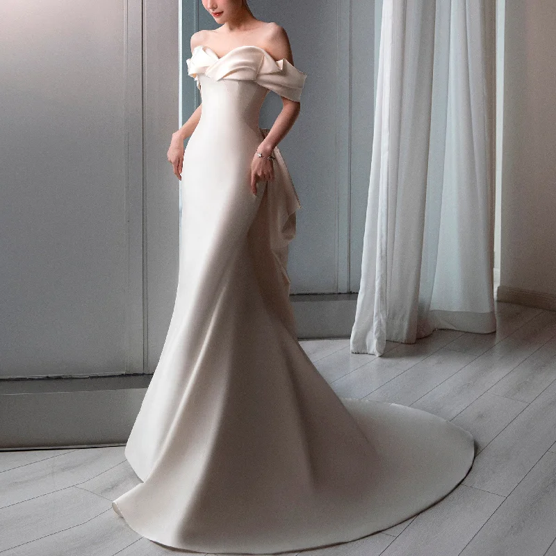 Great Prices On Feminine Styles Off Shoulder Mermaid Wedding Dress with Long Bowknot