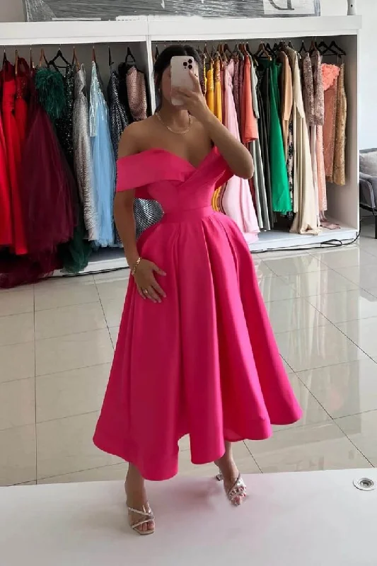 Spring Fashion Pink Midi Length Formal Dress Off the Shoulder Satin Prom Dresses Y5446