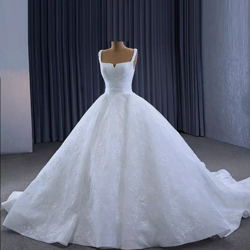 Score Big On Glamorous Red - Carpet Styles Embroidery Lace Square Neck Ball Gown Wedding Dress with Wide Strap