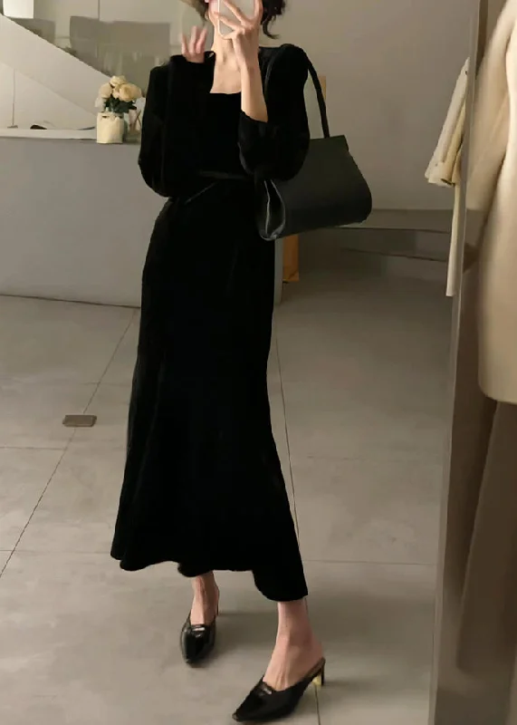 Tropical Island - Inspired Attire Slim Fit Black Square Collar Silk Velvet Long Dresses Long Sleeve