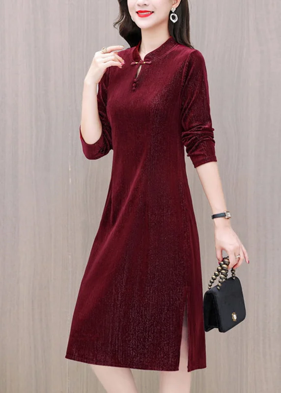 Clearance Event Slim Fit Red Stand Collar Button Silk Velour Long Dresses Long Sleeve