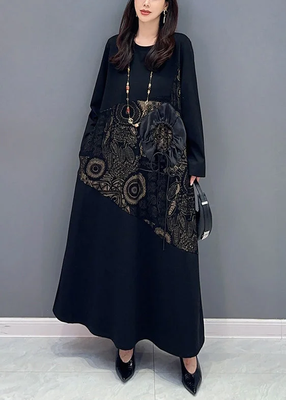 Special Offer Jacquard Black Lace Up Pockets Cotton Long Dresses Long Sleeve