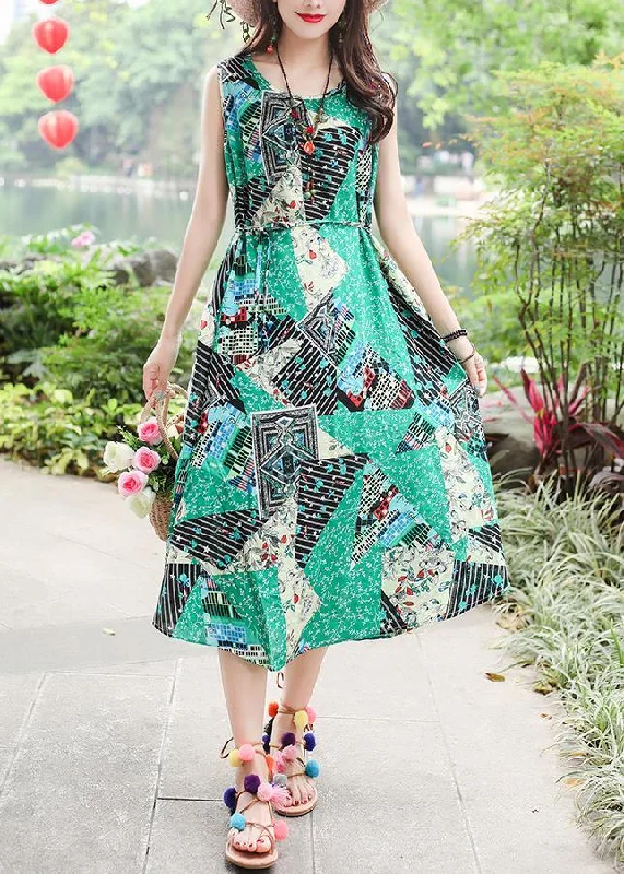 Celebrate With Big Savings Unique sleeveless tie waist cotton quilting clothes Fashion Ideas green print long Dresses summer