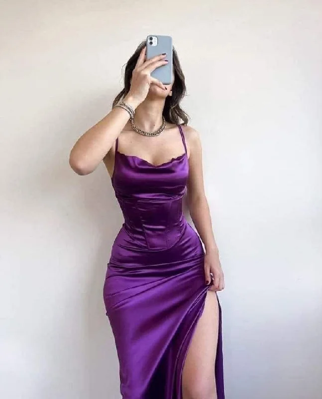 Exclusive Discount Purple Satin Long Prom Dress with High Slit,Sexy Party Dress  Y4997