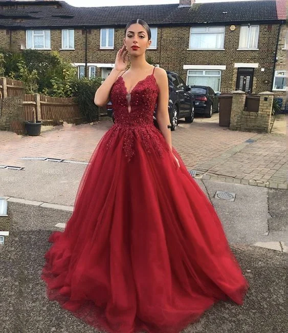 Coastal Beach - Inspired Style Red lace long ball gown dress A line evening dress Prom Dresses           cg22767