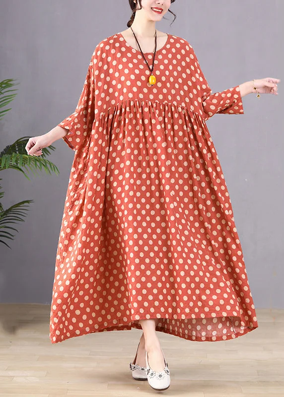 Winter Warm - Up Sale Handmade Red Dot Print Wrinkled Long Dresses Long Sleeve